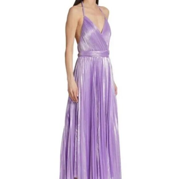 Alice And Olivia Purple Arista Halterneck Accordion Pleat Maxi Dress - Picture 2 of 6